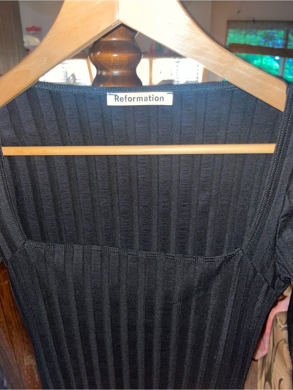 Reformation Black Ribbed Square-Neck Midi Dress